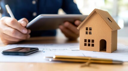 Person using tablet with house model on desk and office supplies.