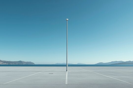 Single Street Light in a Parking Lot Overlooking the Sea and Mountains