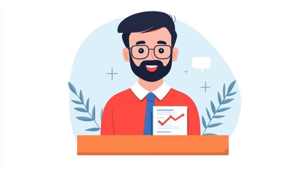 Cheerful businessman presenting growth report with chart in hand, modern illustration.