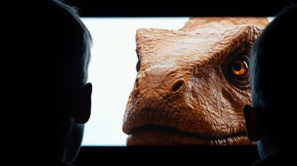 Children captivated by a dinosaur display on a screen, highlighting imaginative play and curiosity.
