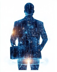 Silhouette of a businessman with a digital background representing innovation and technology.