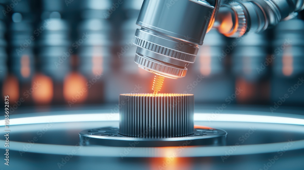 Poster close-up of a robotic arm precision machining a metal object in a modern factory.