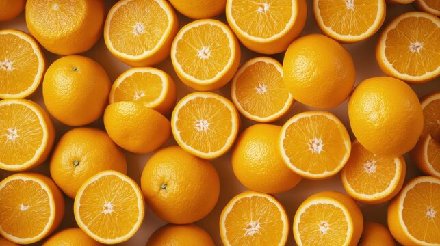 A background completely packed with whole and halved oranges, tightly arranged to create a bright, juicy, and vibrant surface with no gaps.