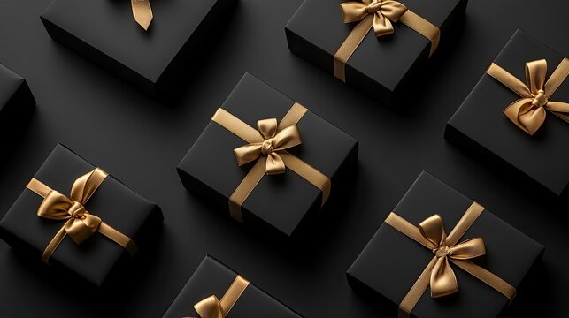 Flat lay of luxury black boxes with gold ribbon ties, designed for Black Friday sales with central text placement space