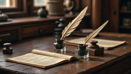 Antique Wooden Desk with Inkwells and Quills