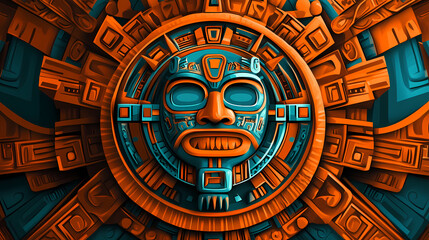 Obraz premium Intricate aztec sun stone patterns in vibrant orange and teal hues. aztec civilization. illustration. Aztec Sun Stone. Illustration