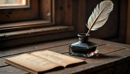 Vintage Inkwell and Quill on Weathered Desk