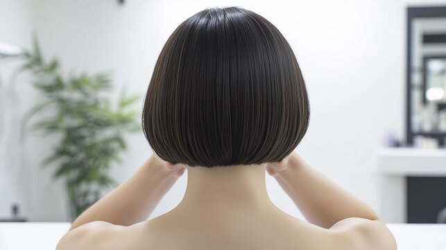 Back view of woman with sleek bob haircut in a modern salon, showcasing a clean and precise hairstyle, perfect for fashion, beauty, and hairdressing themes.