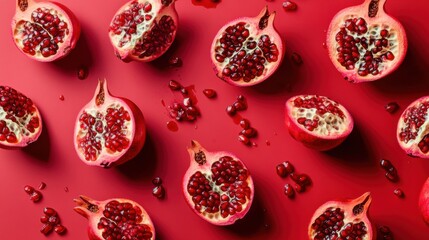A playful background of halved pomegranates with scattered seeds on a bright red surface, emphasizing the vibrant color and fresh feel of the fruit.