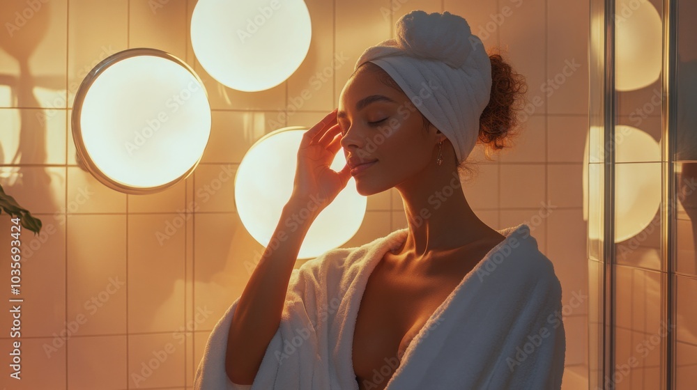Poster a woman wrapped in a soft robe and towel stands in a serene bathroom, experiencing a moment of relax