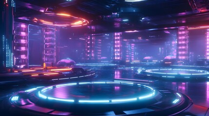 Futuristic battle arena with glowing platforms force fields and towering obstacles