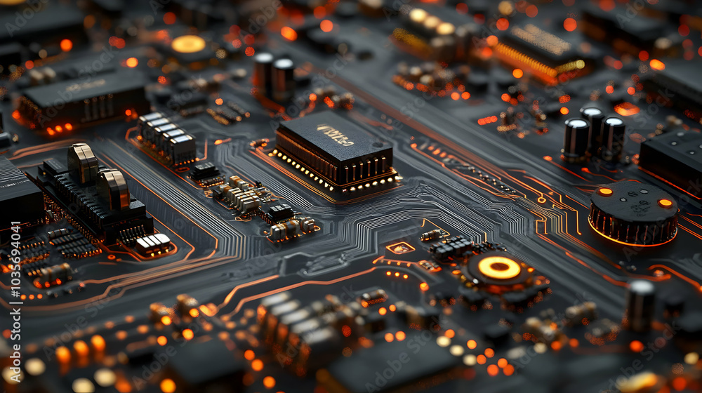 Poster intricate printed circuit board (pcb) with complex pathways and connections in a high-tech environme