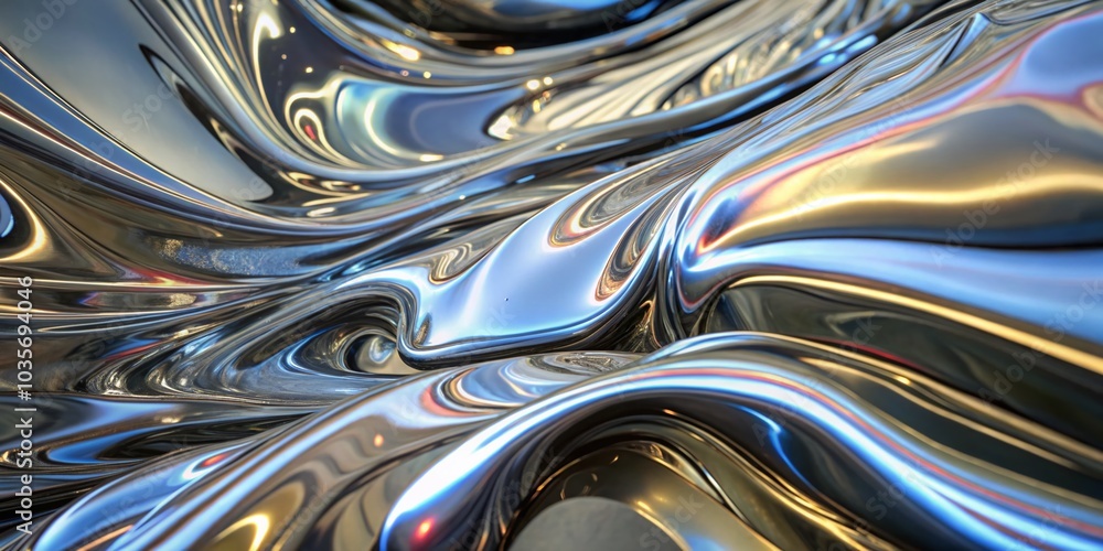 Poster dynamic abstract metallic shapes in colorful patterns on black background