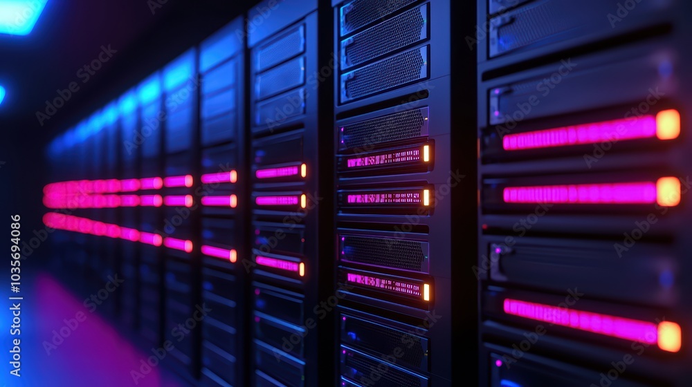 Aufkleber data center with rows of server racks illuminated in colorful lights, showcasing modern technology i