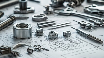 Neatly arranged mechanical components and tools on technical engineering plans, symbolizing the detail-oriented process of design