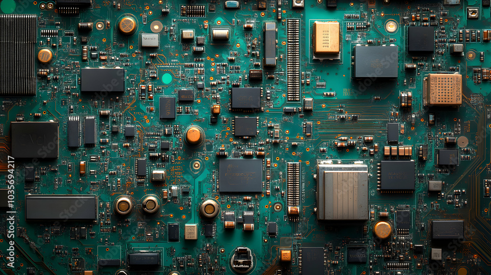 Poster detailed close-up of a printed circuit board (pcb) showcasing intricate pathways and electronic comp