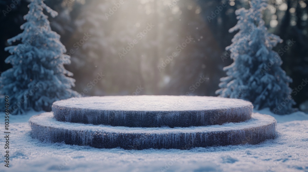 Fototapete a tranquil winter setting showcases a frosty, circular platform covered in snow. tall trees draped i