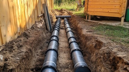 Neatly arranged PVC pipes in a trench at a summer cottage, emphasizing proper installation techniques for water supply