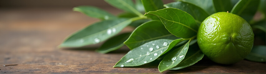 Fototapeta premium Fresh lime with leaves on a wooden table