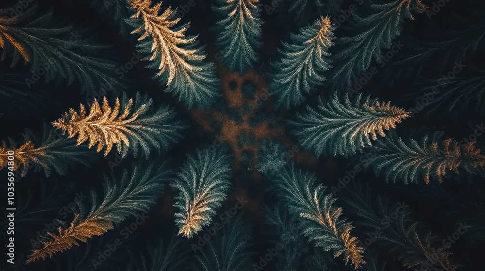 Poster a symmetrical abstract pattern with a dark background and a repeating fractal design of pine trees.