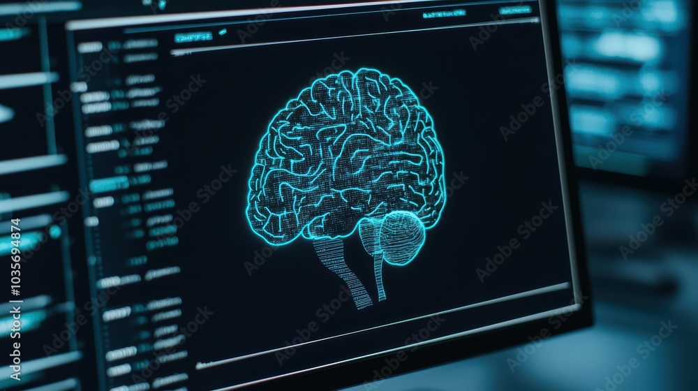 Aufkleber digital depiction of a human brain on a computer screen with futuristic graphics.