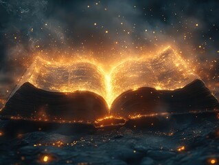 open book with pages fluttering in an unseen breeze, illuminated rays of light shining through, casting a soft glow on the dark background, symbolizing knowledge and inspiration