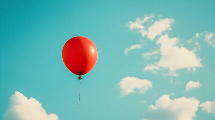 Single Red Balloon Floating Against a Clear Blue Sky, Evoking a Sense of Freedom and Joy