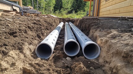 PVC pipes being installed in a trench, showcasing efficient water supply planning at a summer cottage construction site