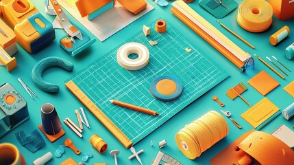 Colorful crafting tools on a workspace