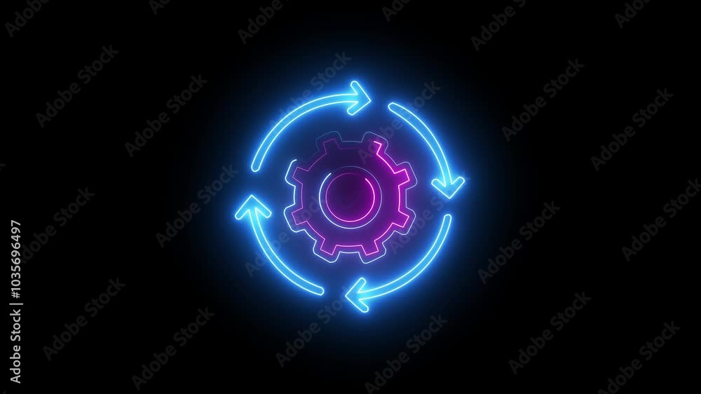 Poster glowing neon line setting icon with spinning gears icon animated isolated on black background . tech