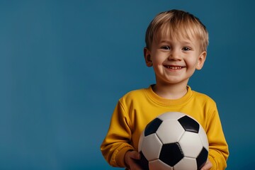 little boy in yellow sweater with soccer ball on blue background with space for text