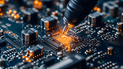 Soldering Iron and Electronic Components on a Circuit Board in a Workshop Setting