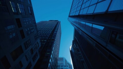 Cityscape View of Skyscrapers Reaching Towards a Clear Blue Sky