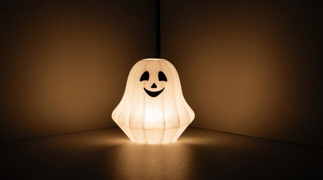 glowing Halloween lantern shaped like a ghost, casting eerie light