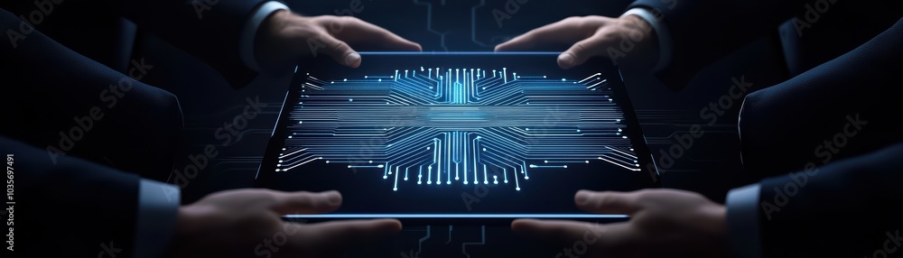 Aufkleber futuristic technology concept with hands holding a digital tablet displaying advanced circuitry and 