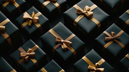 Top-down image of neatly placed black and gold gift boxes, creating a sleek and modern Black Friday promotional layout