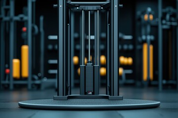Gym equipment with weights in a modern fitness center, black and orange color scheme.