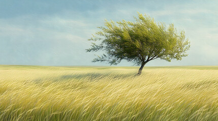 Obraz premium Solitary Tree Standing in a Lush Field of Tall Grass Under a Clear Sky