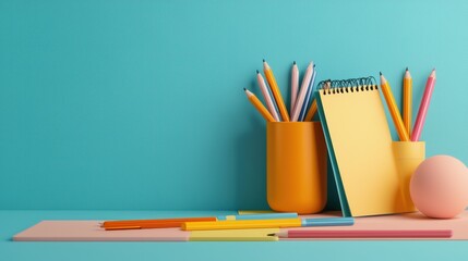 Colorful stationery on a blue background