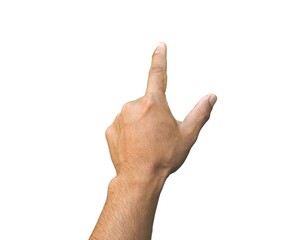 Men's hands making gestures like I'm pointing at something. or touch the phone screen Isolated on white background.