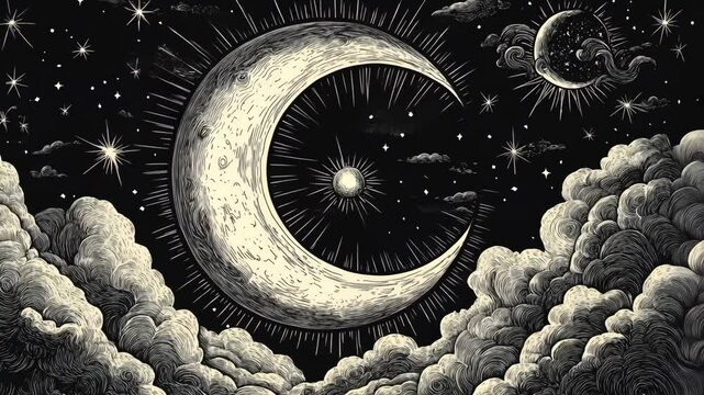A crescent moon shines brightly in the night sky, surrounded by stars and clouds