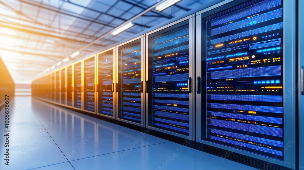 Poster high-tech data center with rows of servers, illuminated in blue, showcasing modern digital infrastru