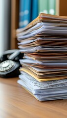 A cluttered stack of paperwork beside a vintage telephone on a wooden desk in an office setting.