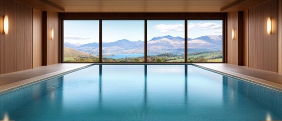 Indoor pool with panoramic mountain view, calm water, modern architecture, natural light.
