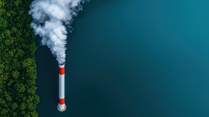Industrial chimney emitting smoke above a blue water body with greenery on the side.