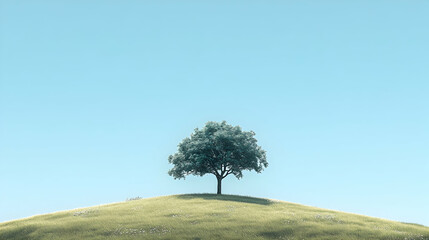 Solitary Tree on Grassy Hilltop Under Clear Blue Sky