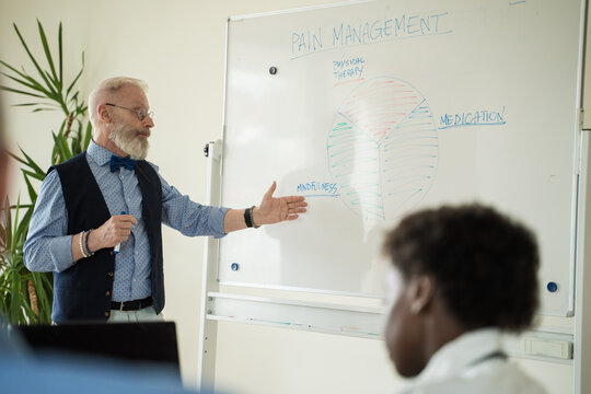 Senior doctor explaining holistic pain management strategies, medical education, diverse healthcare team