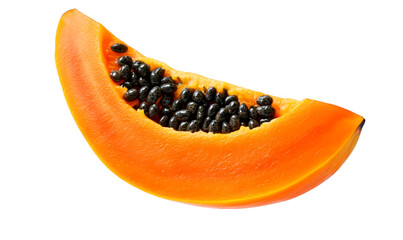 Fresh papaya slice with black seeds isolate on transparent background, cutout, png