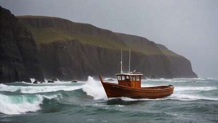 Boat Navigating Stormy Waters Near Rocky Cliffs