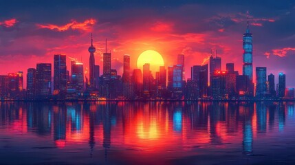 Fototapeta premium futuristic neon city skyline brimming with towering buildings and advanced technology set against a vibrant nightlife backdrop showcasing an imaginative vision of urban modernity and excitement